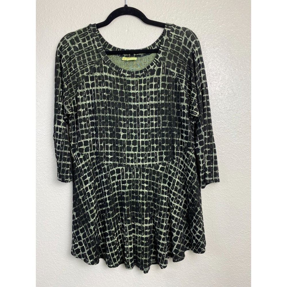 Tianello Blouse Womens size XL Green Black Stretch Peplum Classic Long Sleeve